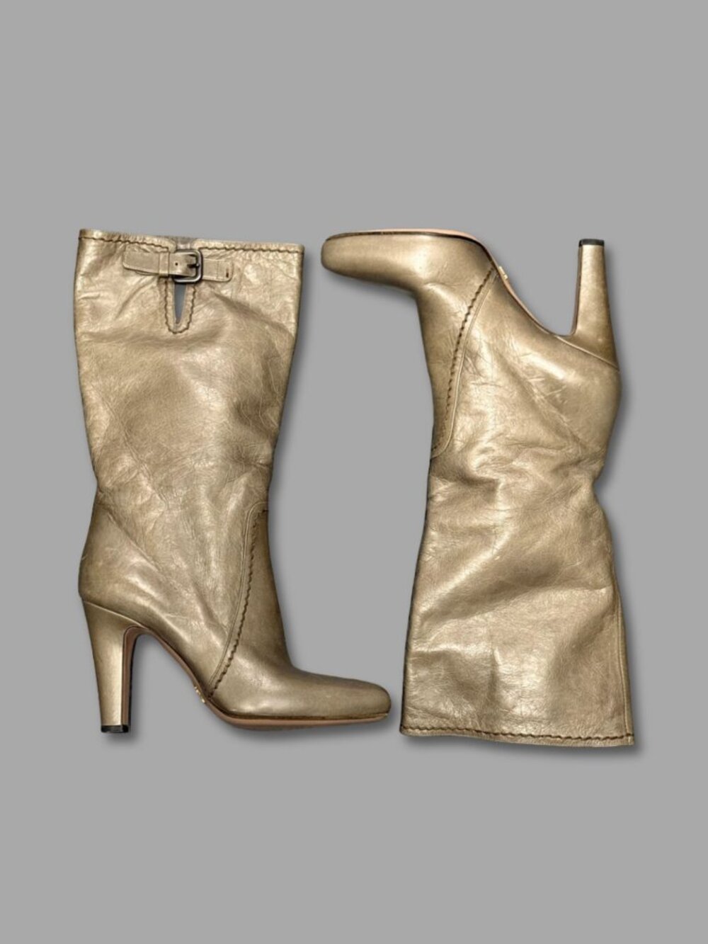 PRADA Taupe Grey Leather Mid Calf High Heel Boots